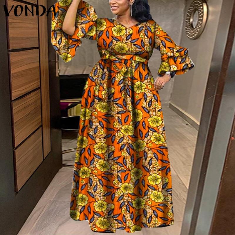 

VONDA женские большие размеры с круглым вырезом и листом лотоса, с длинными рукавами и принтом на талии, однотонные свободные платья