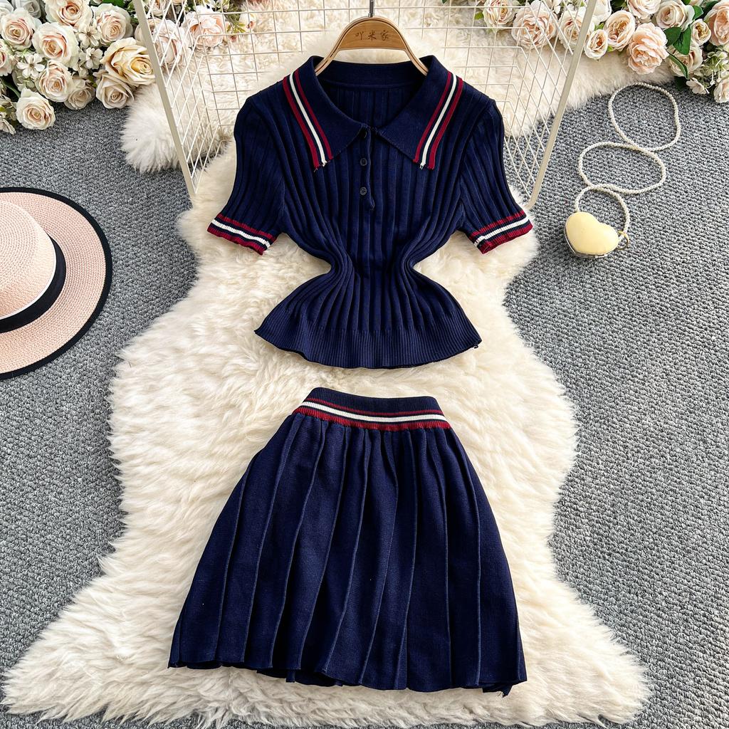 Summer Women College Style Knitted Sweater Two Piece Set Girl Polo Collar Pullover Top and Mini Pleated Skirt Suit