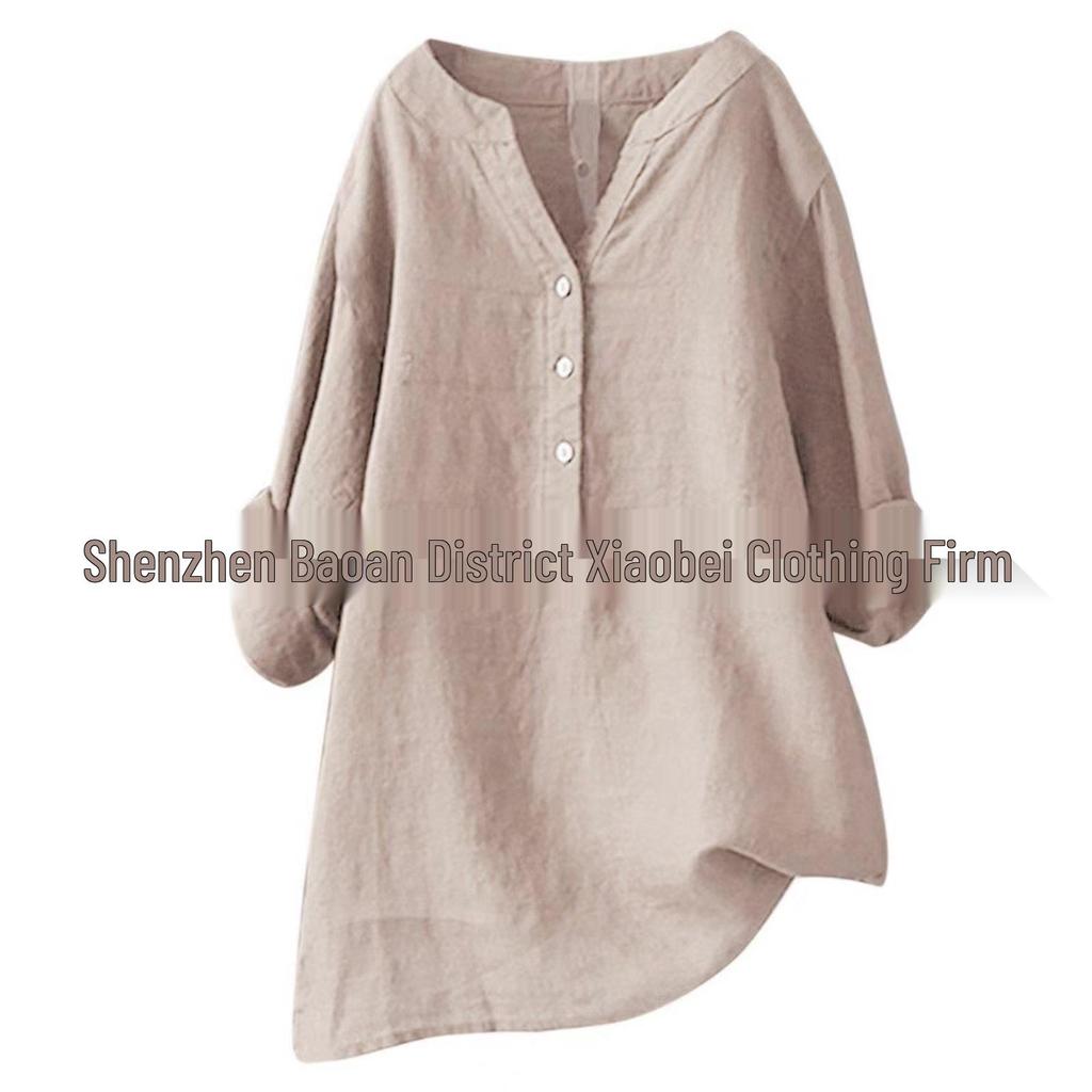 Europäisches und amerikanisches Damen-Top aus Baumwolle und Leinen, locker geschnitten, einfarbig, Modell 2021