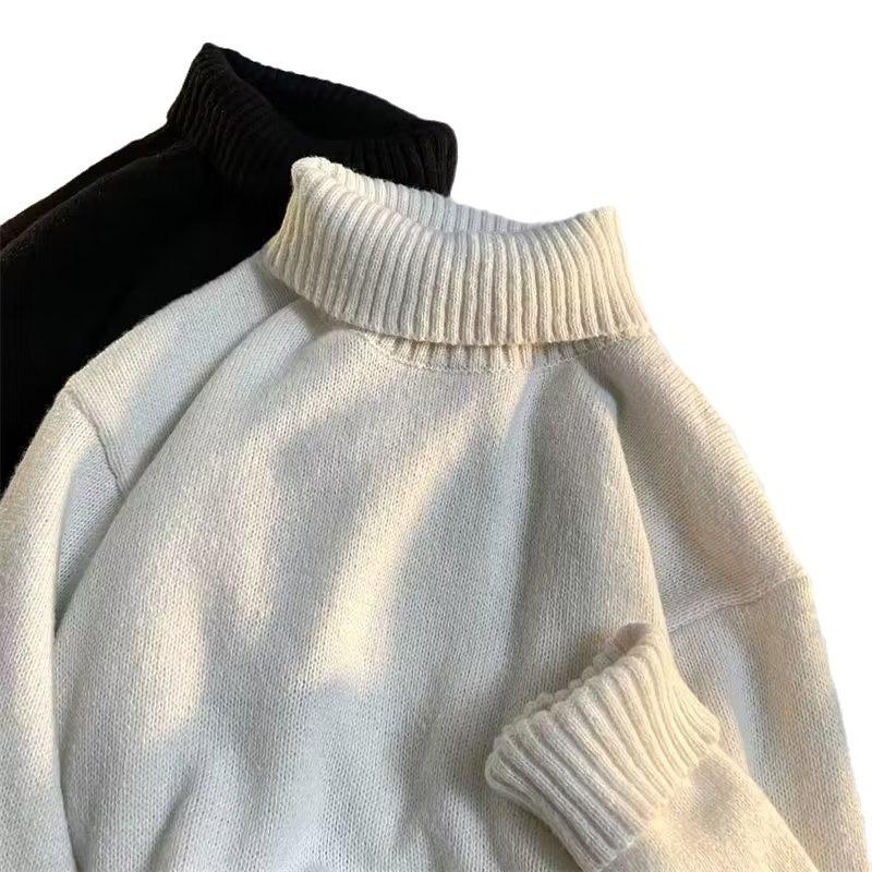 Turtleneck black sweater men's winter loose lazy style bottoming shirt large size high-end knitted sweater winter