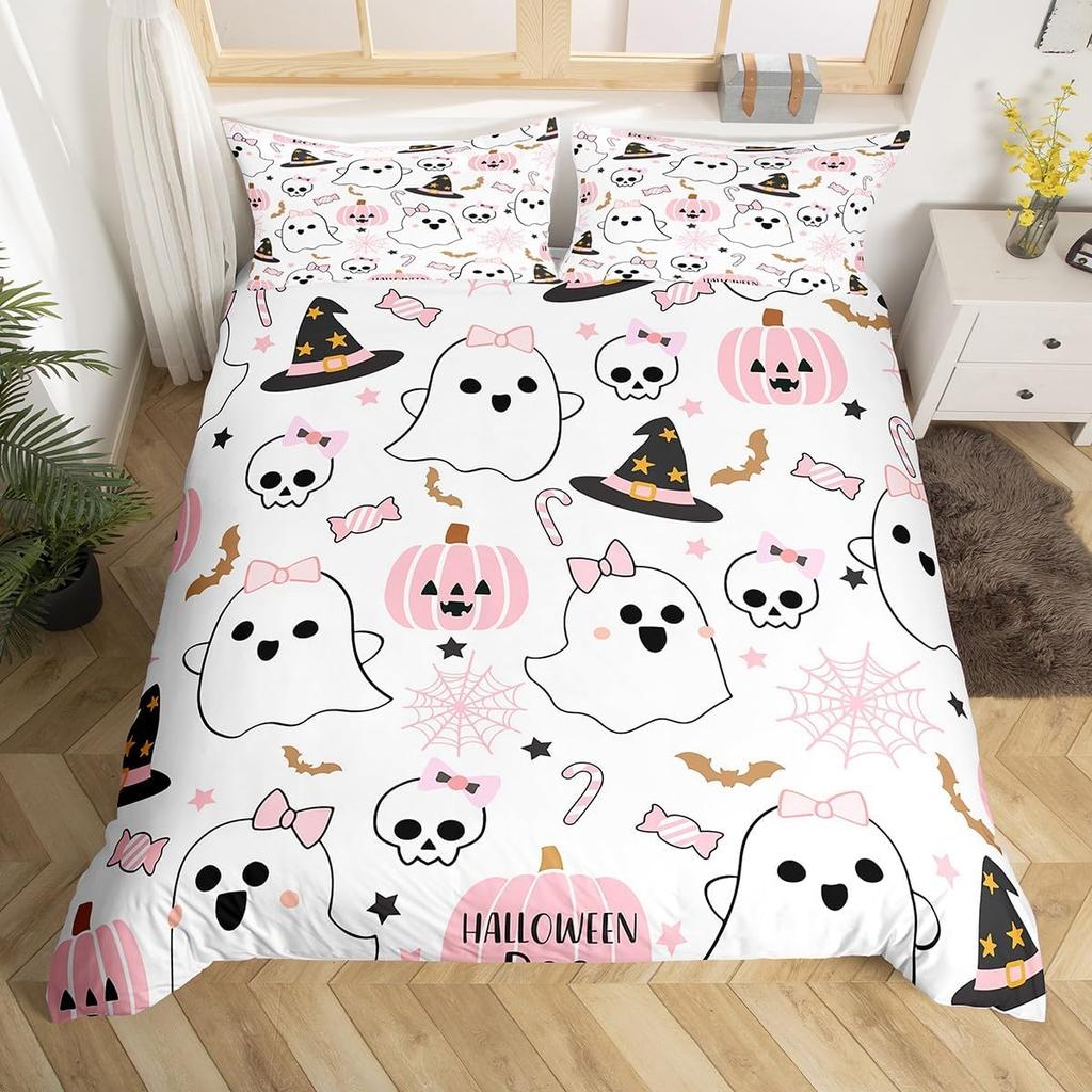 Halloween Ghost Duvet Cover Kawaii Cartoon Ghost Bedding Set Twin Queen For Boys Girl Room Decor Happy Halloween Comforter Cover
