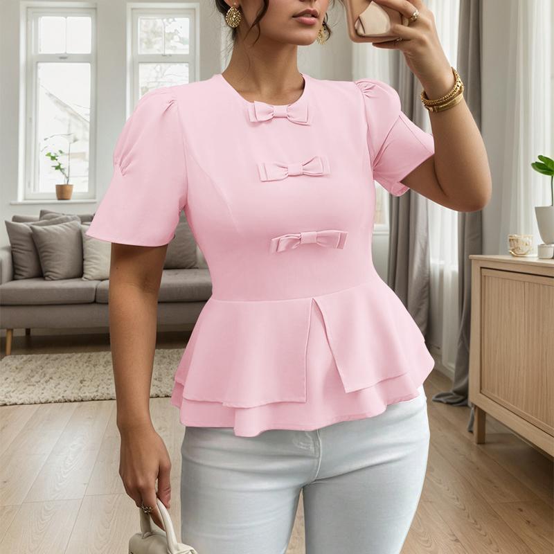

ZANZEA Женская повседневная блузка с круглым вырезом, бантами и вставками, летняя, с коротким рукавом 5XL розовый