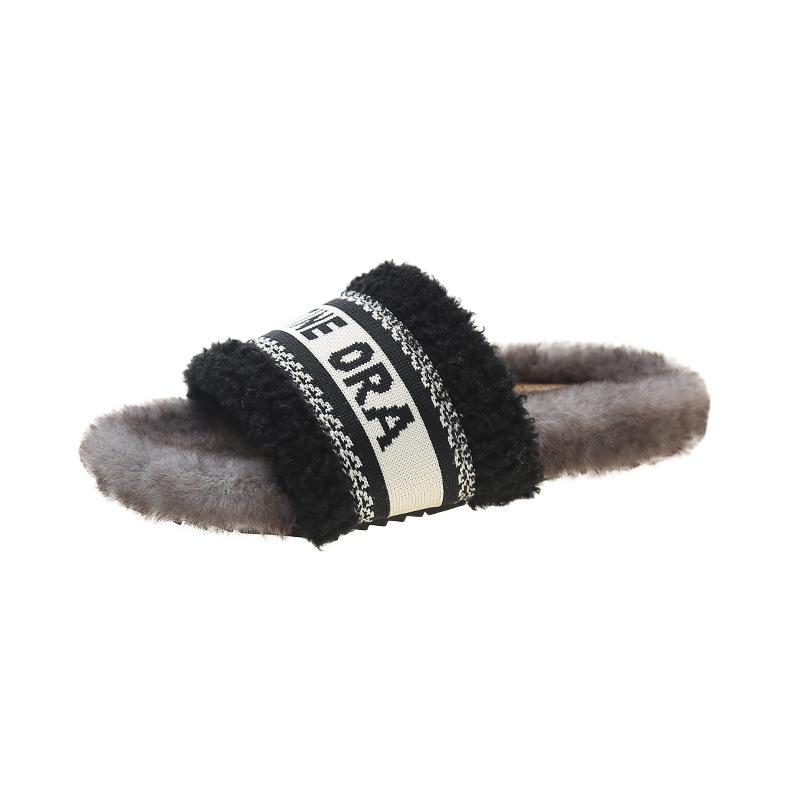 

Foreign trade flat-bottomed fluffy slippers for women to wear in the autumn and winter of 2025, new models, thick-bottomed letter embroidery, home one 40
