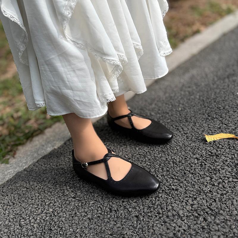 Johnature Cross Belt Mary Jane Shoes Genuine Leather Flats Round Toe Soft Soled Women's Shoes