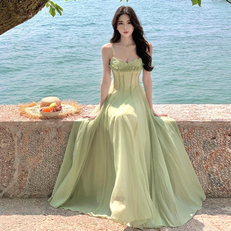 Holiday style suspender dress women's 2026 spring new chiffon tube top long dress temperament skirt