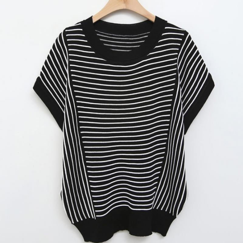 Shop Women Round Neck STriped Loose FiT ShorT Sleeve KniT T shirT Dgb Wkn 4555