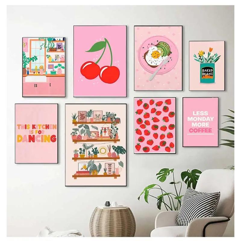Abstract Coffee Cherry Strawberry Plant Wall Art Canvas Painting Nordic Posters And Prints Wall Pictures For Pink Kitchen Decor