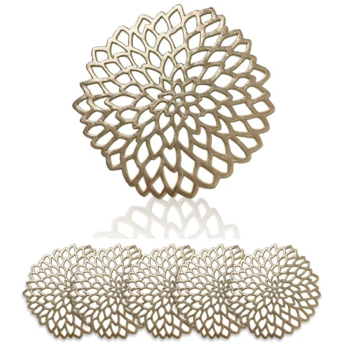 GJTr Coasters, Set of 6, Cup Holders, Glass Mats, PVC, Dahlia (Gold)
