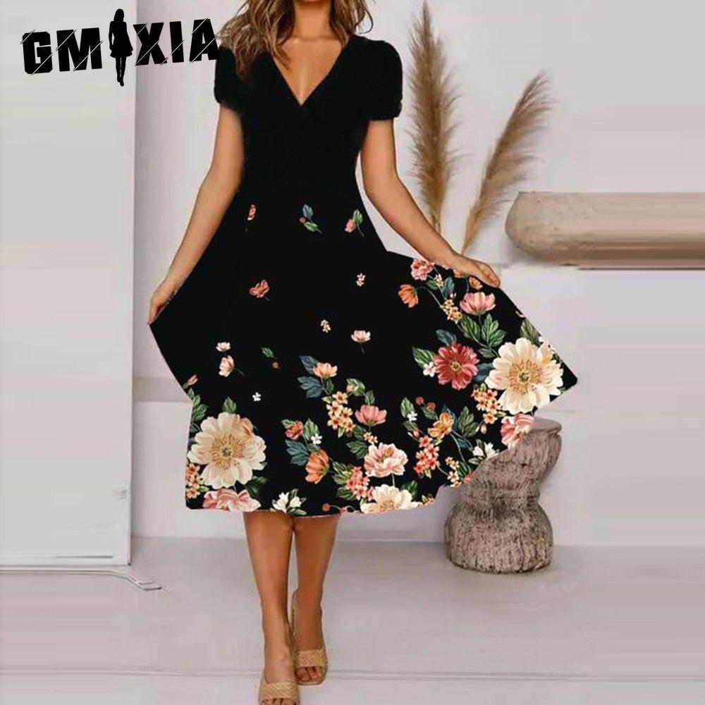 GMXIA Plus Size V Neck Midi Dress Short Sleeve High Hem Casual Colorful Floral Print Dress