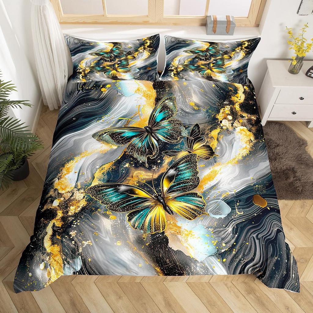 Black Marble Duvet Cover Set Teal Butterfly Comforter Cover,Red Marbling Bedding Sets Full,Abstract Ombre Ink Fluid Art Bed Set