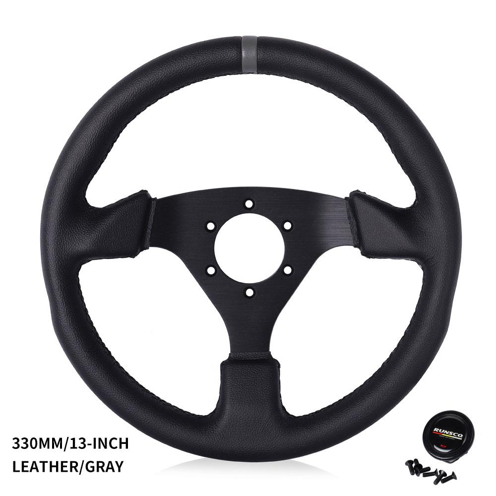 Flat Steering Wheel 330mm Leather Aluminum Frame Drift Sim Racing Pc Game Steering Wheel 13Inch Universal 6025BK-BKZP-BK-GY