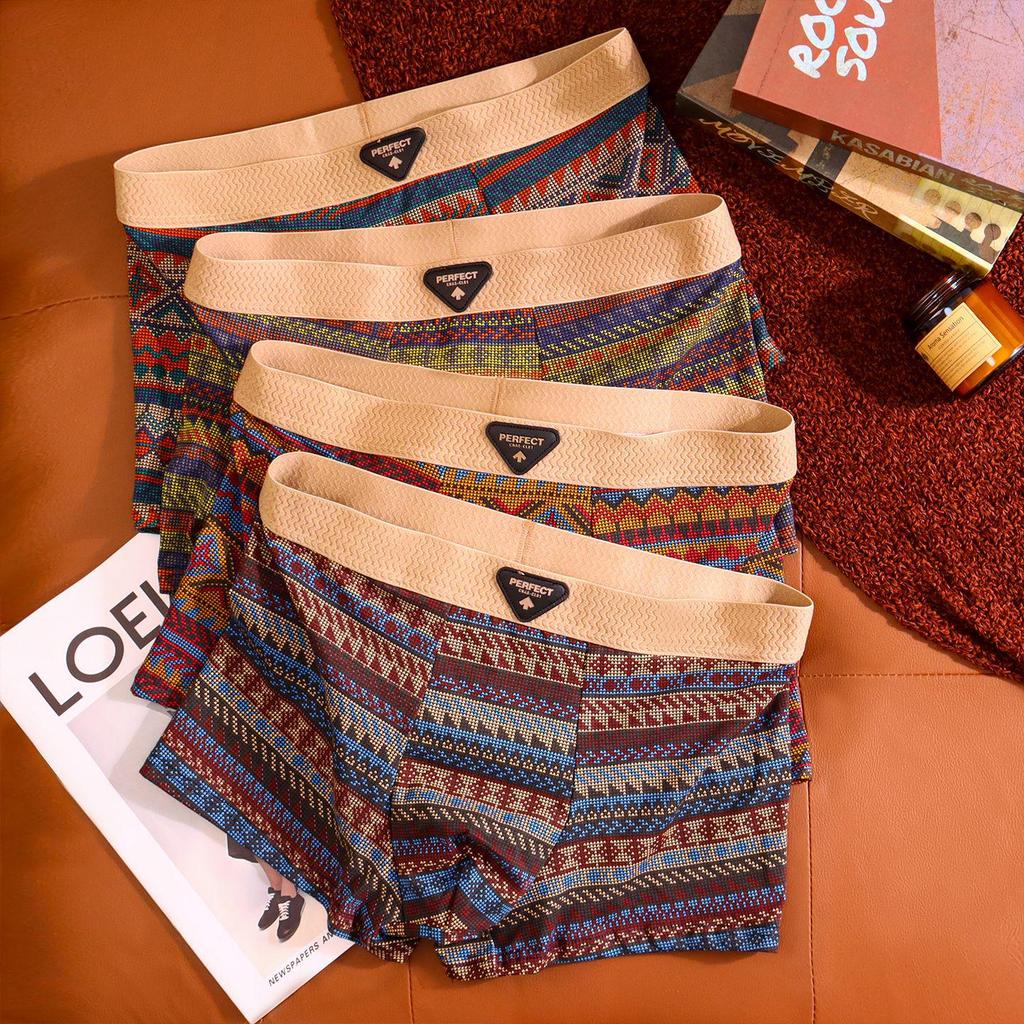 Men's Ethnic Style Cotton Boxer Briefs - Comfortable & Breathable Retro Print Shorts