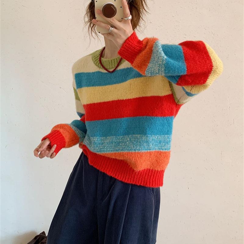 Color striped pullover sweater women's autumn and winter new lazy wind loose outer wear thickened knitted sweater top