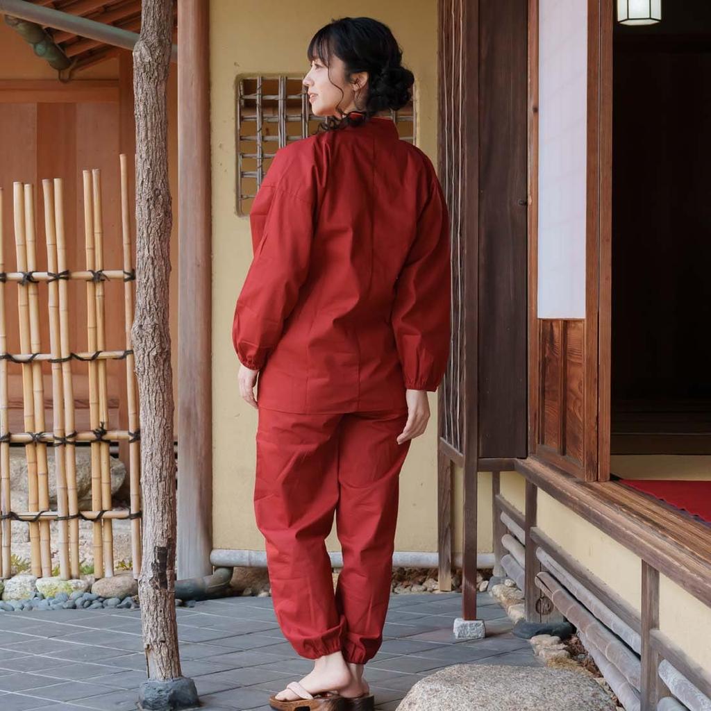 [Yurakuan] Women's Samue (Japanese workwear), 100% Cotton, Slightly Thin Fabric (Plain Burgundy, Slightly Thin Fabric, Size M)