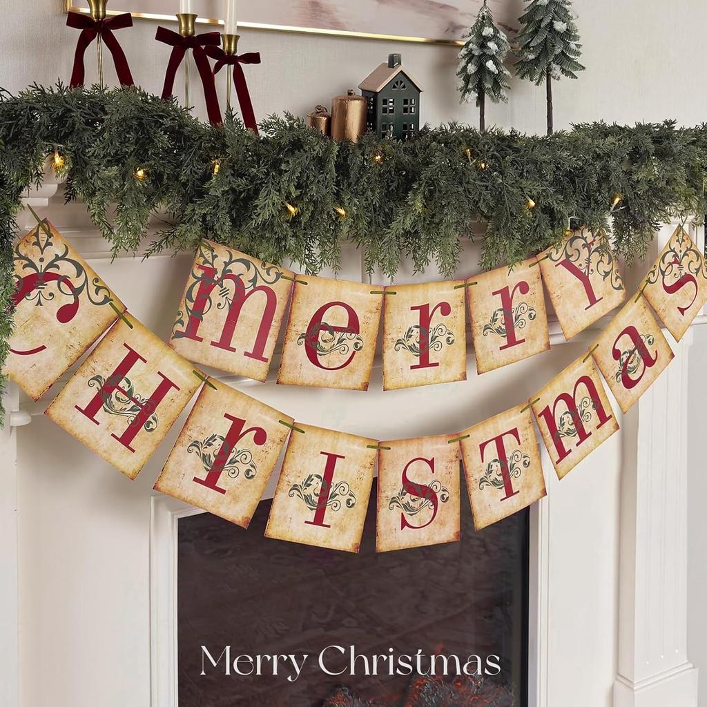 Vintage Merry Christmas Banner Retro Old Fashioned Victorian Xmas Holiday Clearance Decor for Fireplace Mantle Farmhouse