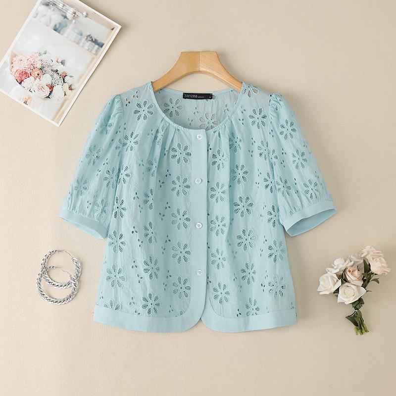 

ZANZEA Женская повседневная блузка с круглым вырезом и короткими рукавами, с полым кружевом и вышивкой 5XL синий