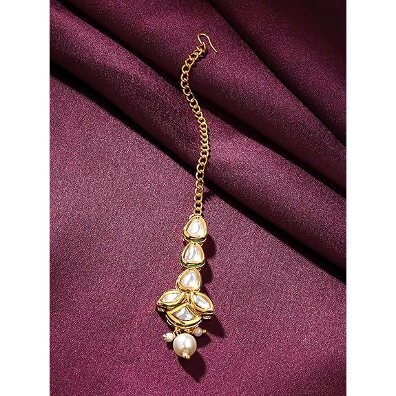 Maangtikka for Women Gold Toned Kundan Studded Floral Designed White Beads Drop Maangtikka for Women and Girls