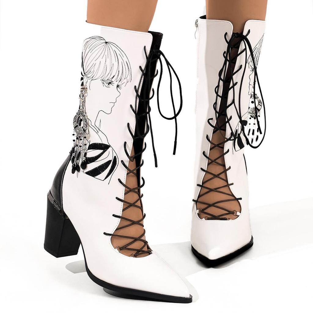 Damskie kozaki do połowy łydki na grubym obcasie - Haftowane, Wodoodporne, Retro wsuwane na lato i jesień