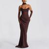 Vestido de Noche Formal Maxi de Sirena sin Tirantes para Mujer Cuello Choker Guantes de Malla Desmontables Fruncido XS-XXXL