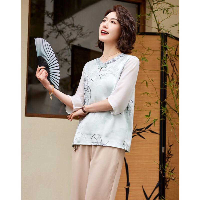New Chinese Style Floral Chiffon T-shirt & Pants Set