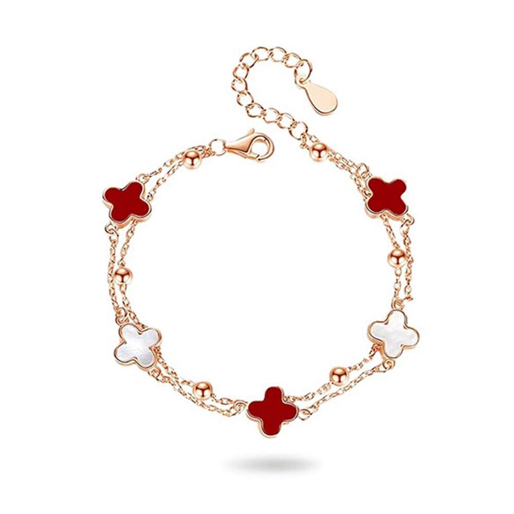 Elegantes Doppelstrang-Armband mit vierblättrigem Kleeblatt aus Perlmutt für Damen