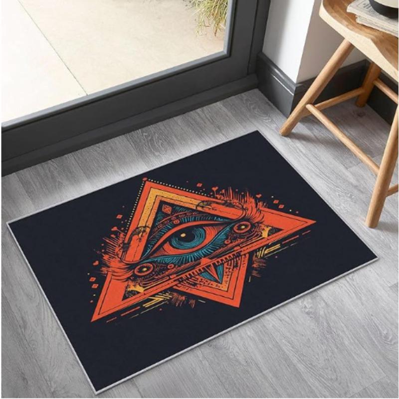 Mystic Geometric Eye Carpet Orange Blue Triangle Design Abstract All Seeing Pattern Artistic Living Room Rug Home Decor