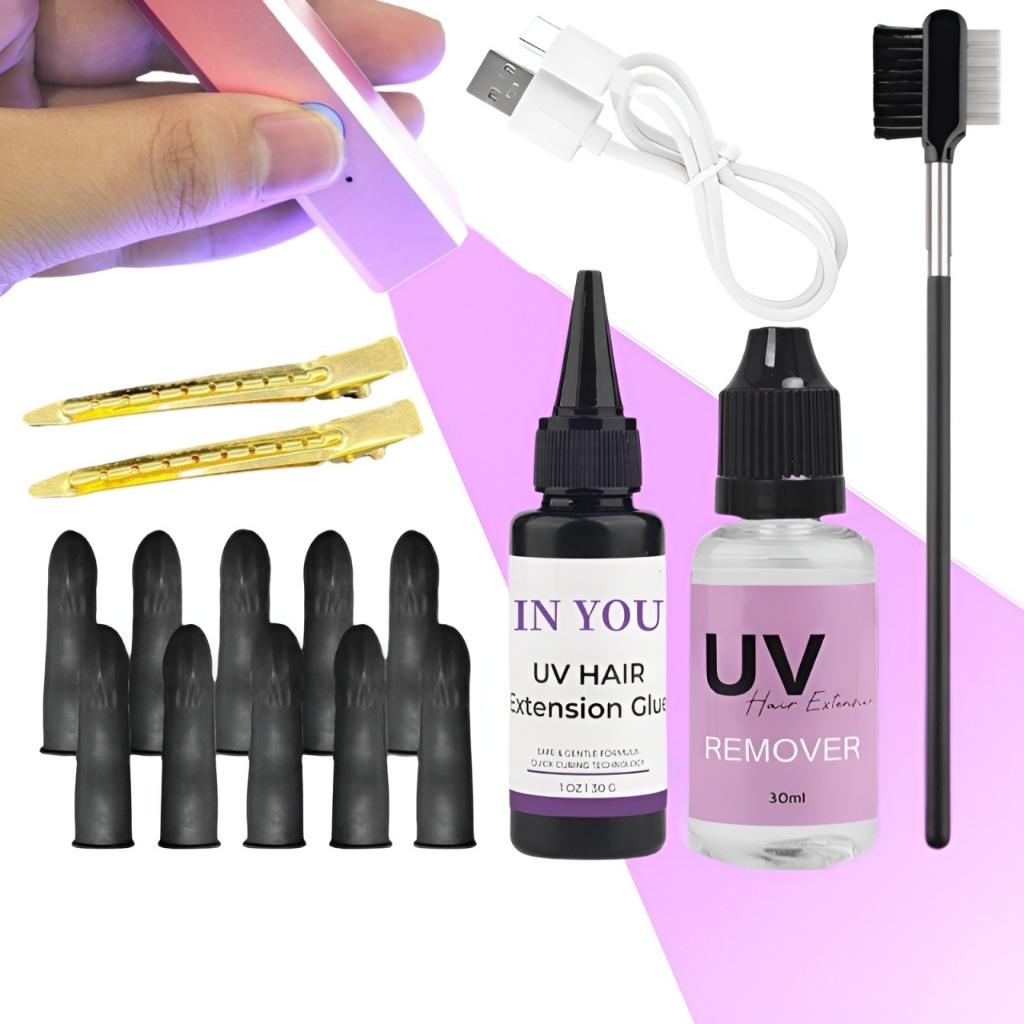 UV Hair Extension Kit: UV Lamp, Glue, Remover & Comb | Fast-Curing Waterproof Adhesive | Seamless Salon Bonds for Home & Salon Use