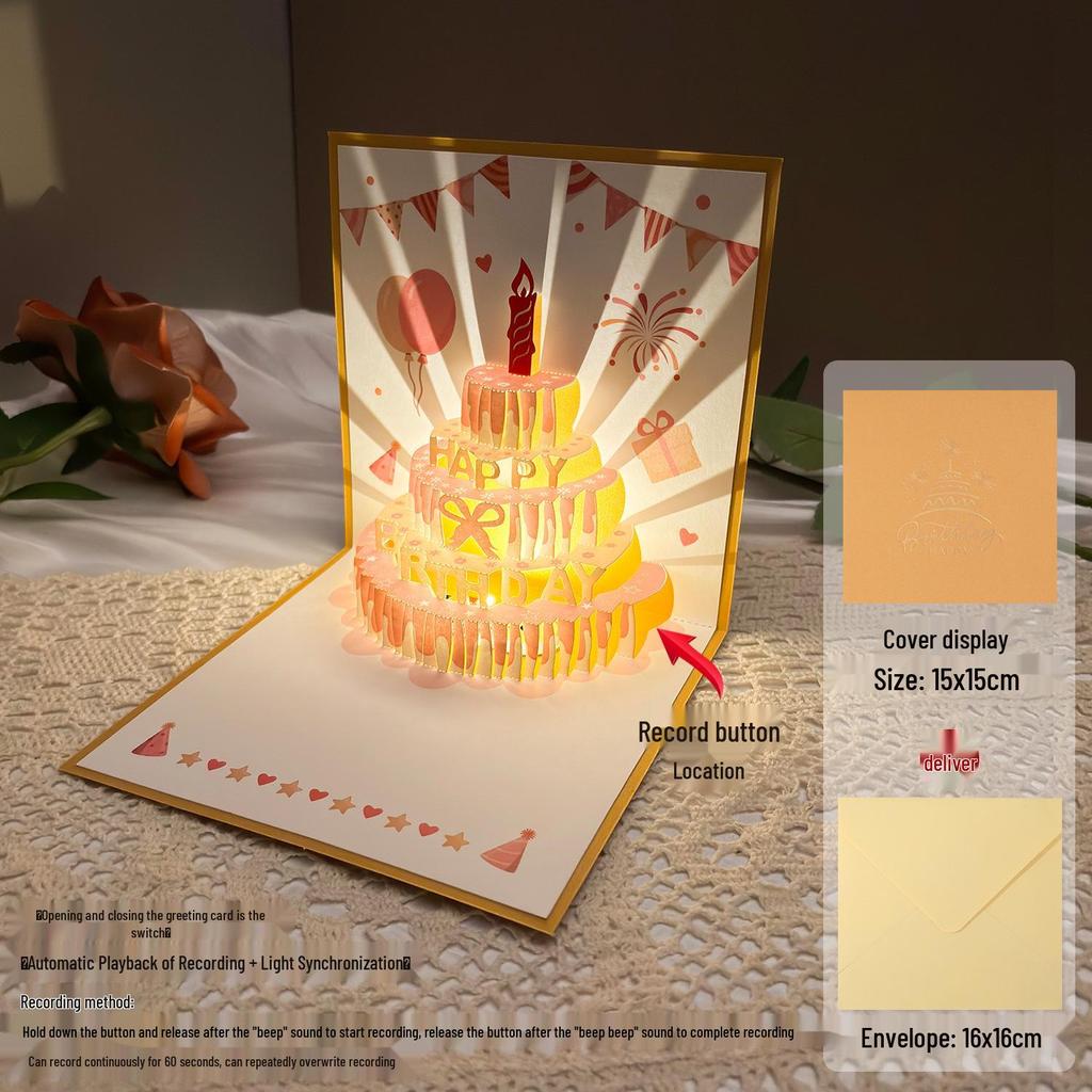 Dźwiękowa kartka urodzinowa 3D Pop-Up ze światłem do nagrywania - Wzór tortu na prezent dla chłopaka/dziewczyny