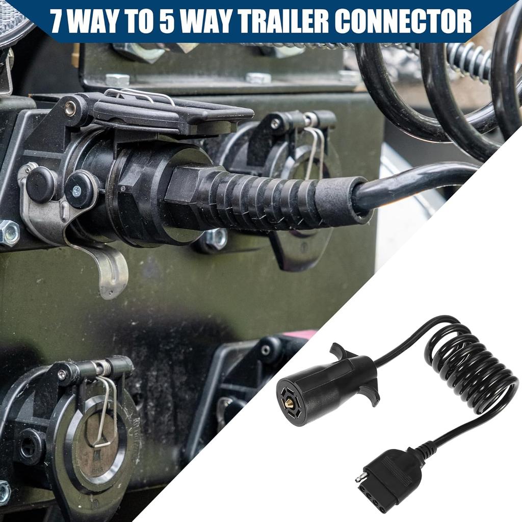 5ft 7 Way Round to 5 Way Pin Flat Trailer Wire Coiled Wiring Connector Adapter Plug/Rear for Truck RV Trailer Full Length 5 Foot (60 Inches) /
