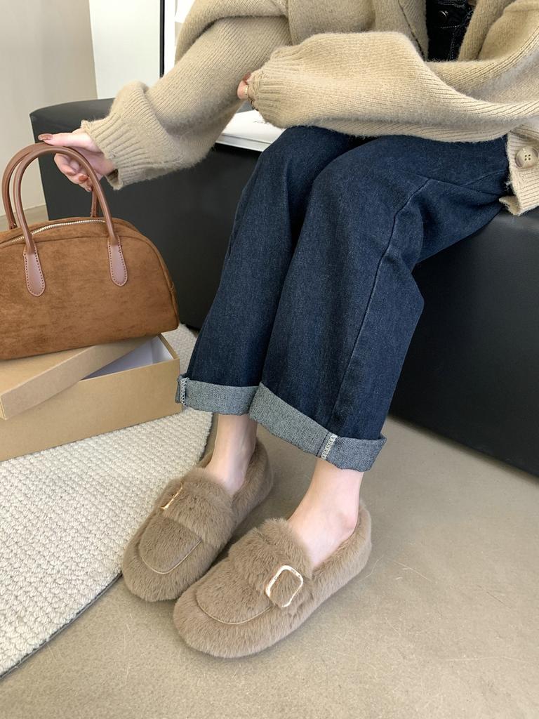 Internet Celebrities Pedal Fluffy Shoes Piled Warm Mink Wool Cotton Shoes Doudou Single Shoes