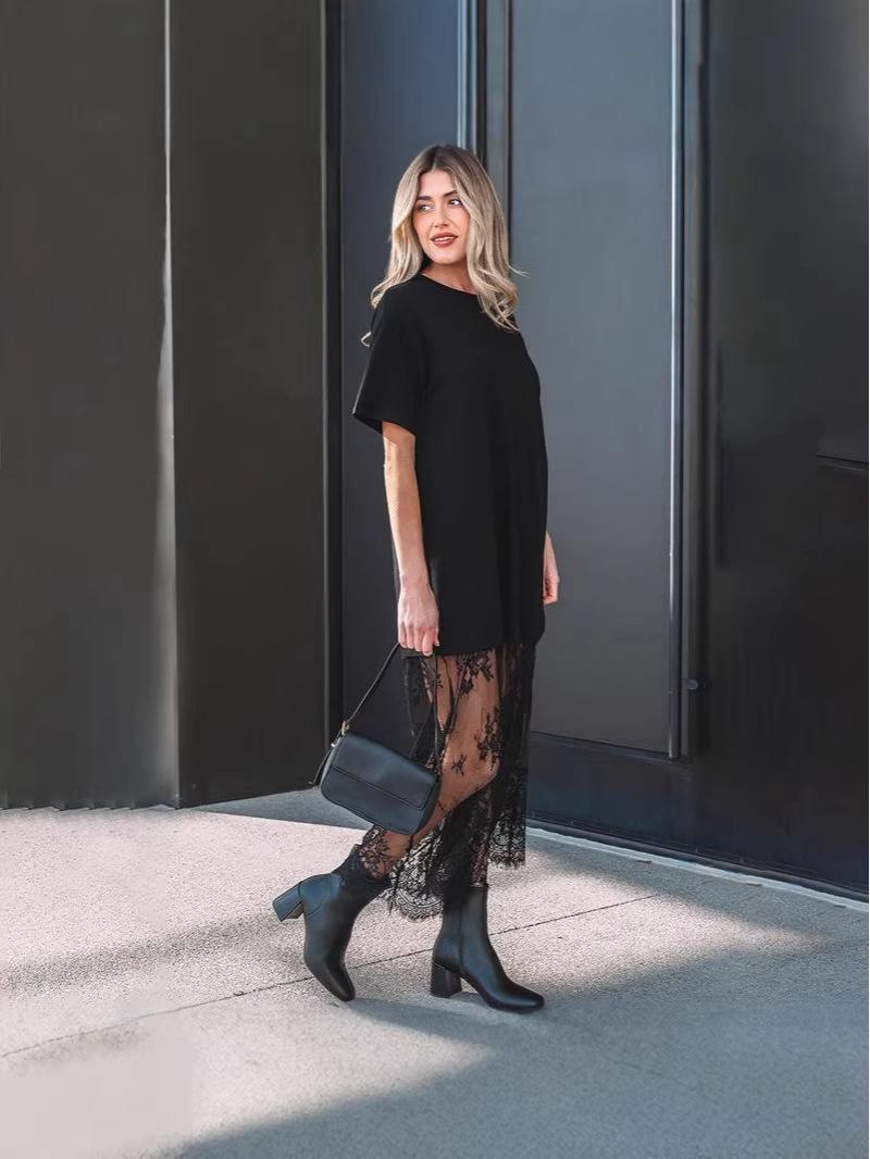 

2026 Plus Size European American Lace Patchwork Slimming Casual Dress S