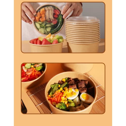 Fiyyuga 100-Piece Disposable Bowls, Disposable Lunch Boxes, Kraft Paper Bowls, Microwave-Safe, Round, with Lids, for BBQs, Commercial Use, Takeout, Sa