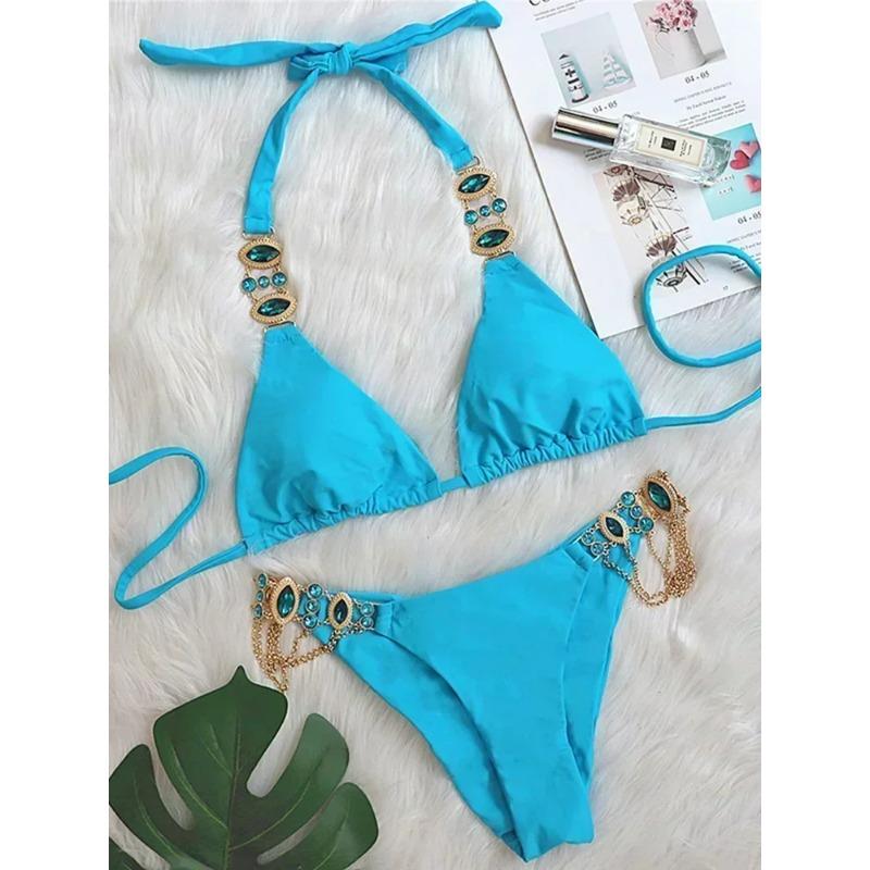 

2025 Блискуче стразове діамантове бікіні Жіночий купальник Жіночий купальний костюм Комплект бікіні з двох частин Халтер Металеві ланцюжки Купальний костюм S