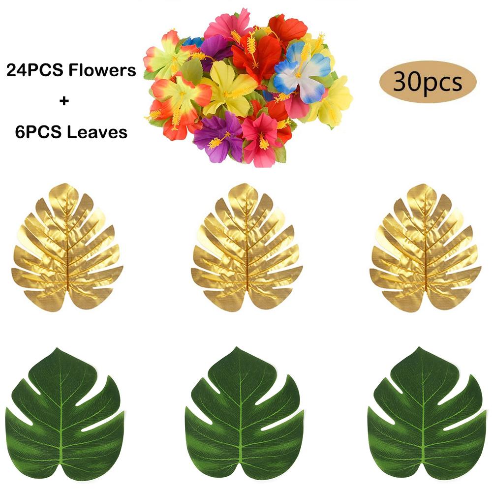 Tropical Monstera Palm Leaves Hibiscus Flower Hawaiian Luau Leaves Tropical Party Jungle Beach Table Decoration Wedding Birthday
