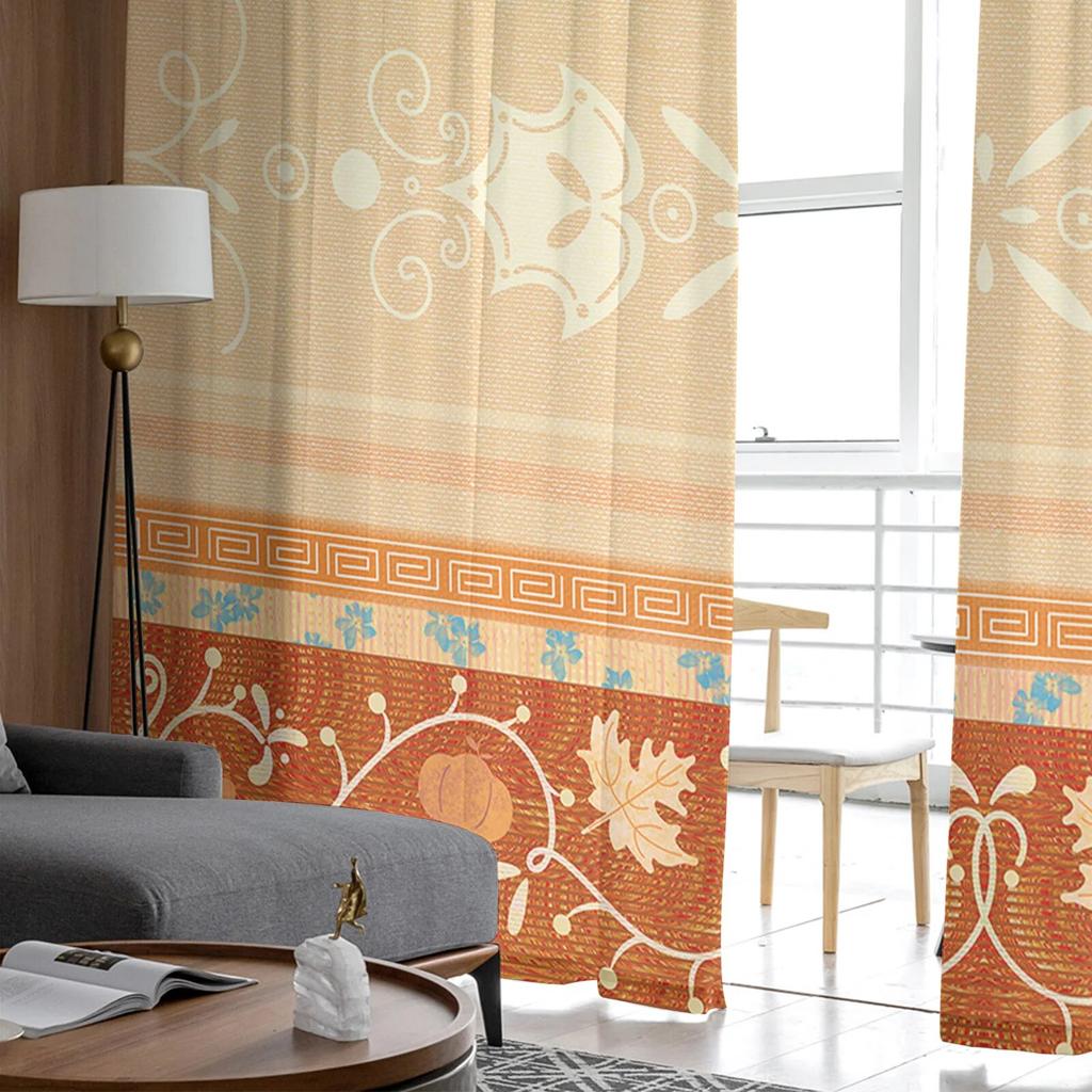 Boho Ethnic Pattern Pumpkin Maple Leaf Tulle Window Curtain  Livingroom Printed Sheer Curtain Home  Window Panels Chiffon Drapes