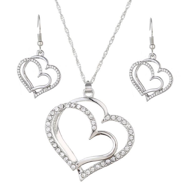 3Pcs/Set Heart Shaped Jewelry Set Of Earrings Pendant Necklace For Women Party Exquisite Fashion Rhinestone Double Heart Peach Heart Jewelry Set