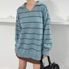 New Arrivals Open Run Women Stripe Oversize Hip Cover Open Collar Knit Sweater