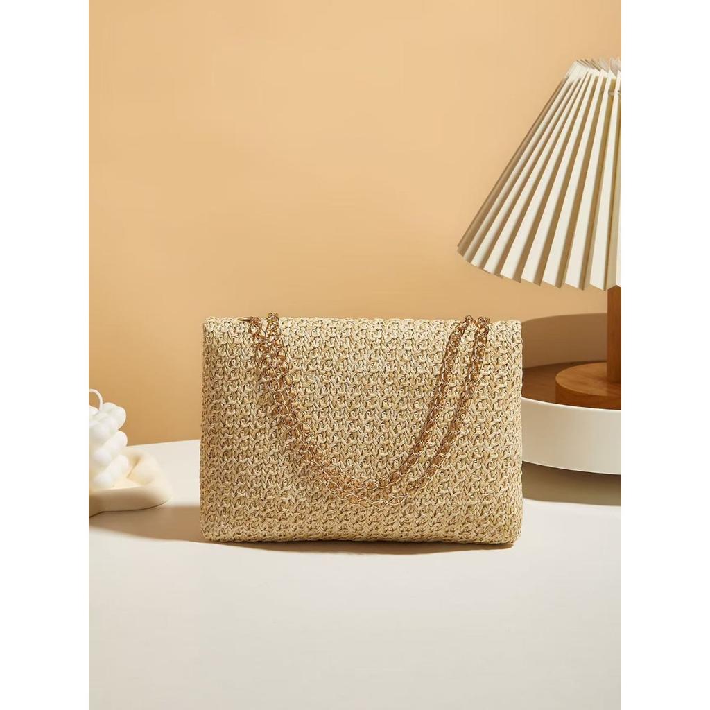 Sweet Style, Straw Weaving, Chains, Single-shoulder Bags, Crossbody Bags, Summer, Double-lock, Ladies, Handbag Bags
