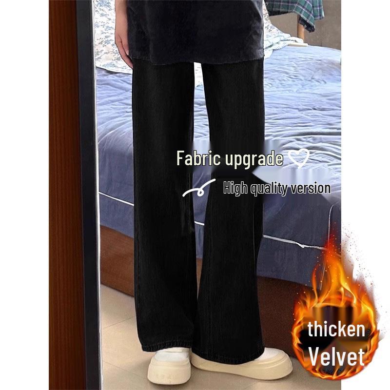 Women's Retro Blue Fleece-Lined Wide-Leg Jeans - Plus Size, High Waist, Slimming Loose Fit for Pear Shapes