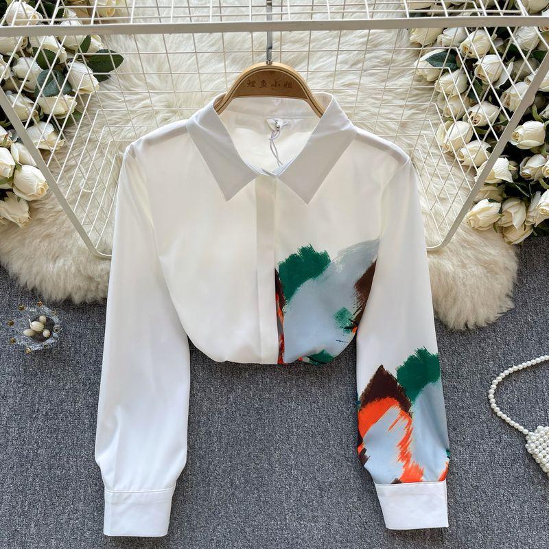 

Oil Painting Print Color Contrast Patchwork Loose Long Sleeves Shirt White Spell Orange All yards
