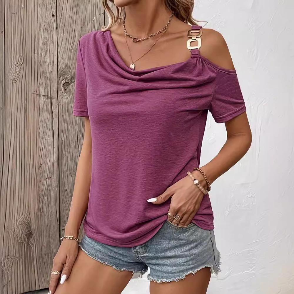 Women's Asymmetric Strapless Metal Single Button Loose Short Sleeve Skinny T-Shirt