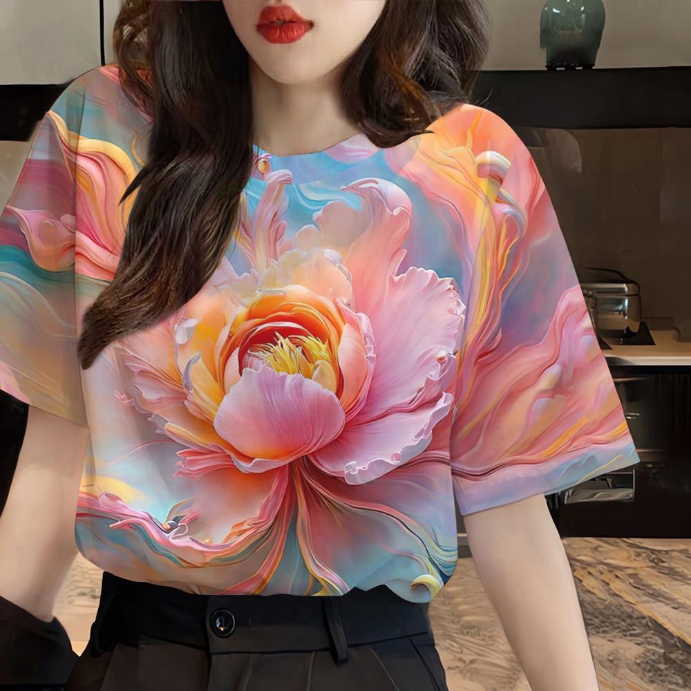 Women s Flower Pattern T-shirt Women s Clothing Flower Pattern T-shirt Top XS