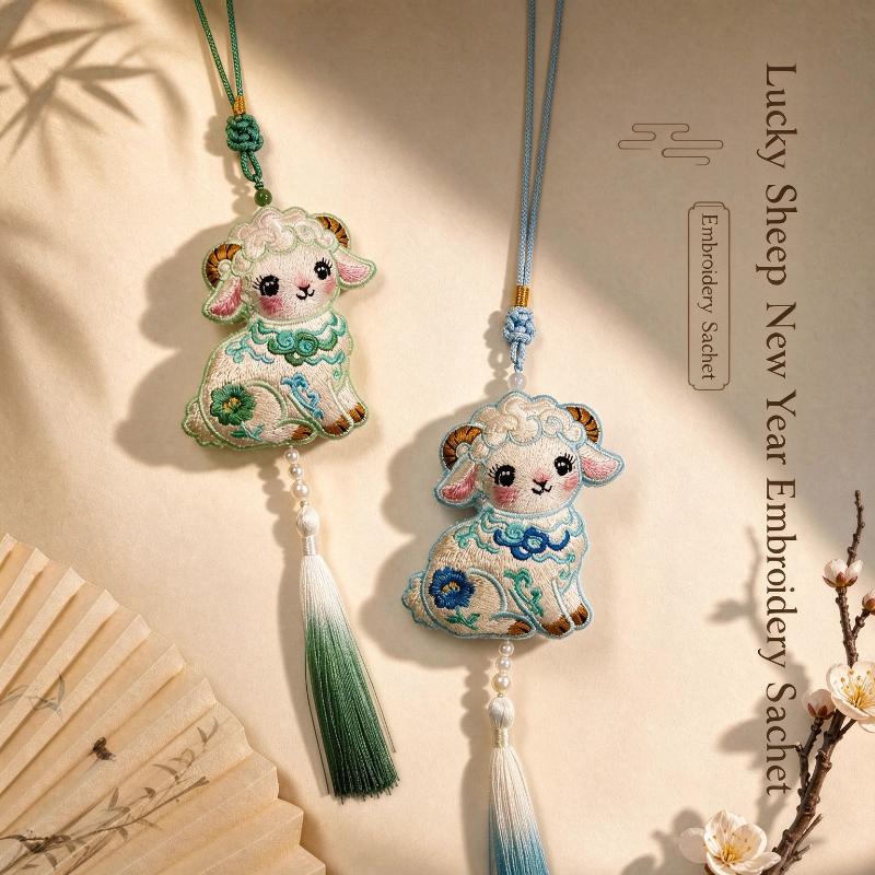 Embroidered Sheep Sachet Pendant Delicate Floral Design Gradient Tassel For Car Bag Decoration Spring Festival Gifts