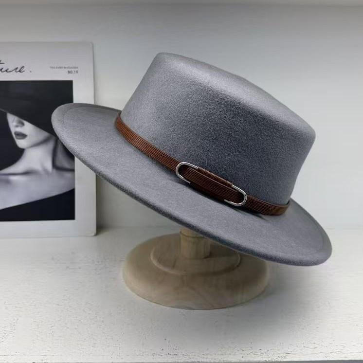 High-end flat-top wool temperament simple top hat women's autumn and winter wide-brimmed belt British style fashion versatile hat men