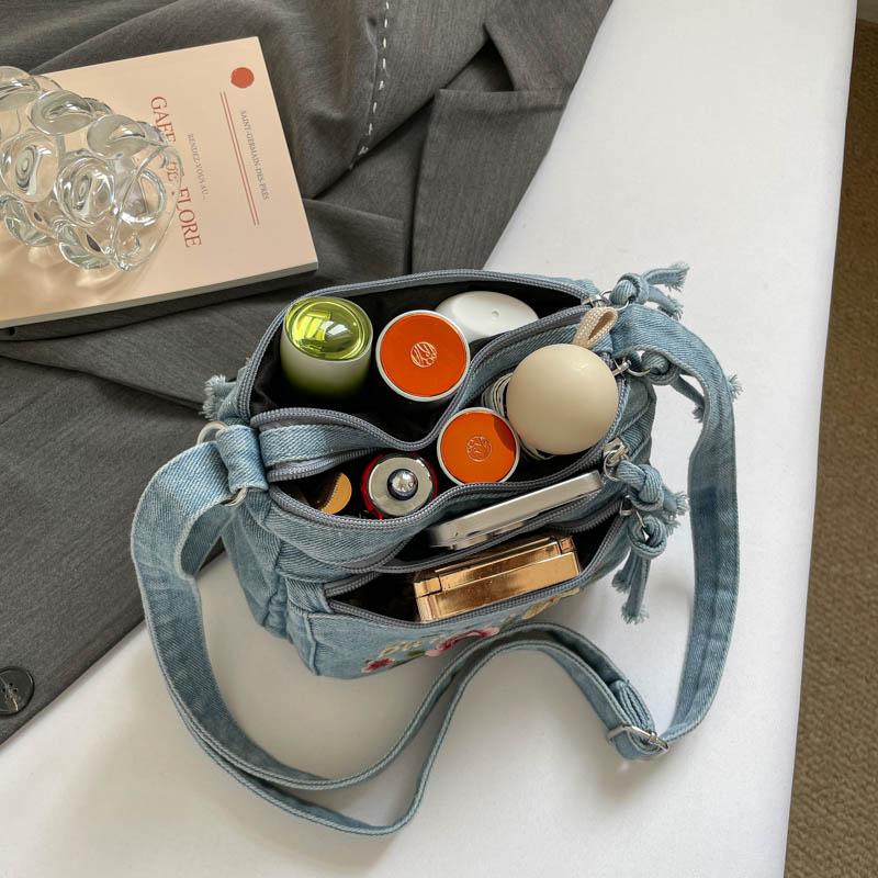 Lightweight Denim Zipper Crossbody Bag Stitching Line Embroidery Decoration Bag Hot Sale Casual Youth Women's Shoulder Bags