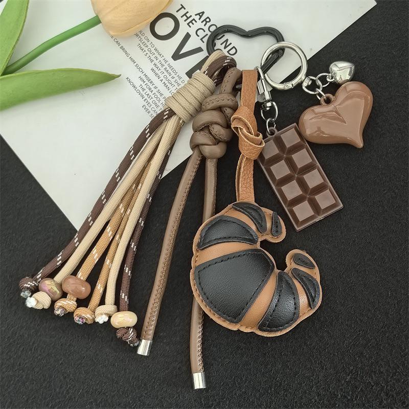 New Croissant Pendant Fashion Braided Rope Bag Pendant Creative Diy Luggage Pendant Pu Leather Bread Keychain Gift Accessories