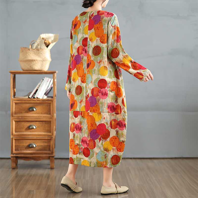 2025 New Vintage Printed Round Neck Loose Large Size Long Dresses