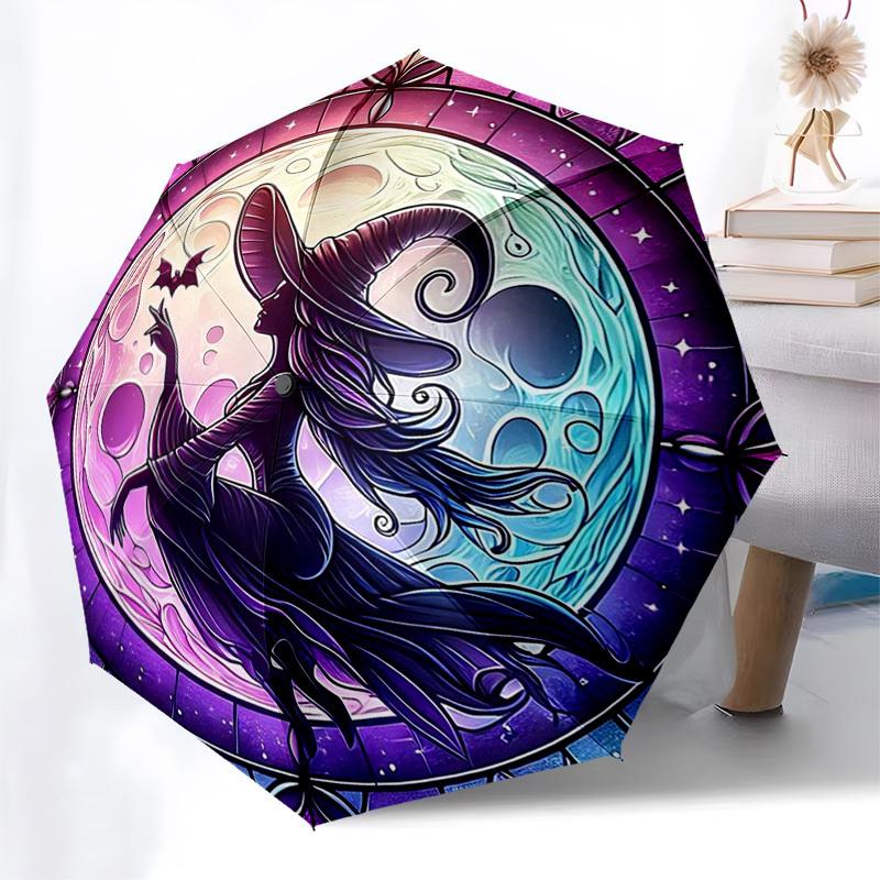 

1pc Witch Moon Phase Stained Glass Auto Open Close Umbrella - Portable Tri-Fold Design with 8-Bone Iron Frame, Outdoor for Fans, Travelers, Daily Use,