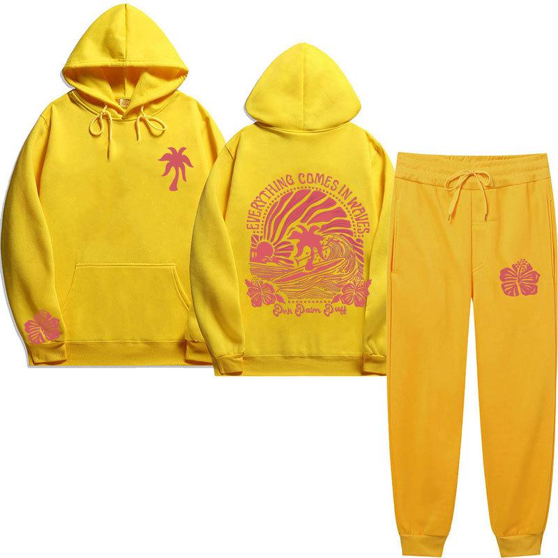 Chasing Sunsets Threaded Peripheral Printing Men's and Women's Sweatshirts Sweatpants Set Hoodie Straight Pants Set