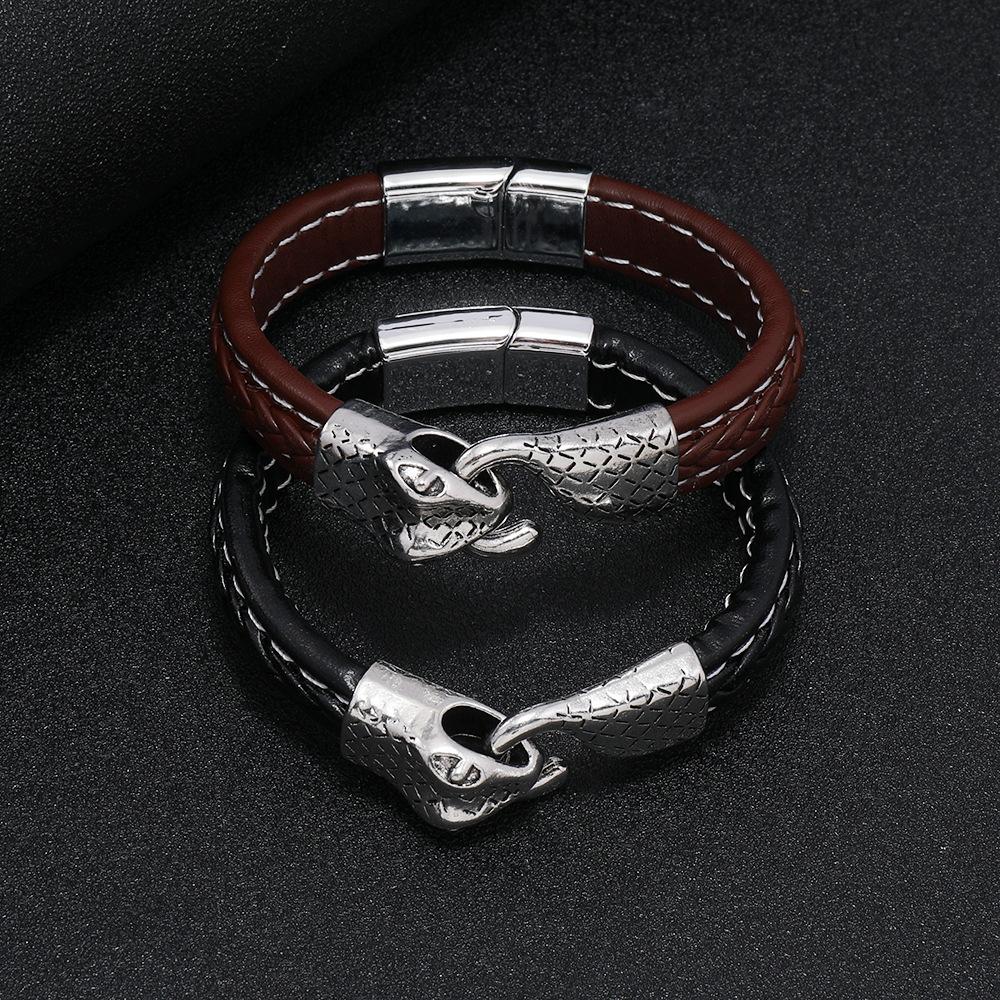 Gothic Snake Bracelet Men Braided Stainless Steel Snake Head Hip Hop Hand Jewelry Leather Braslet Hombre Rock Accessories